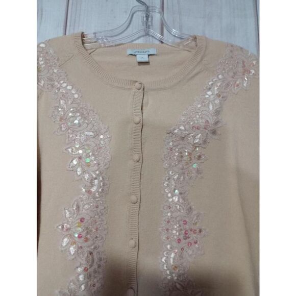 Dressbarn Sweater Ladies Small yellow Beaded Laced Light Weight Cardigan - Picture 3 of 7